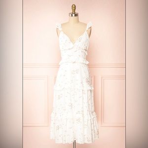 Tiered White floral midi dress with ruffles